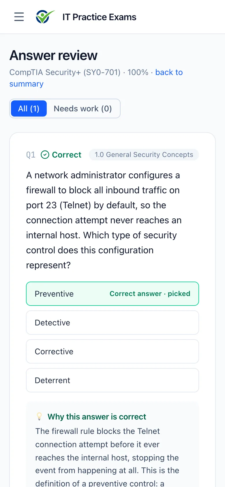 A graded question on a phone, with the explanation of why the answer is right