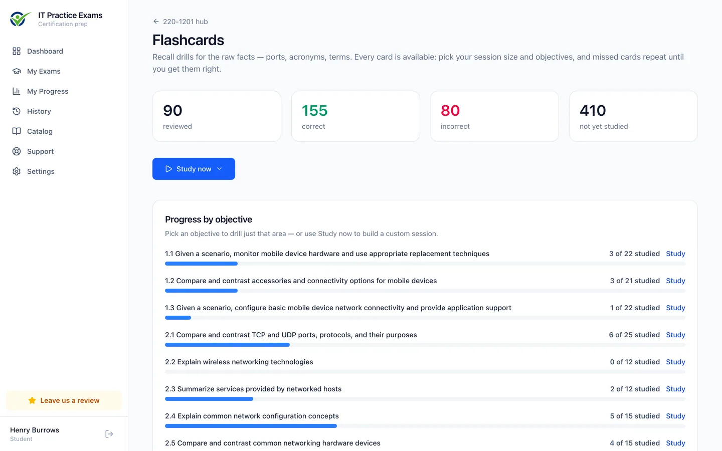 The A+ Core 1 flashcard deck, showing cards reviewed and progress by objective
