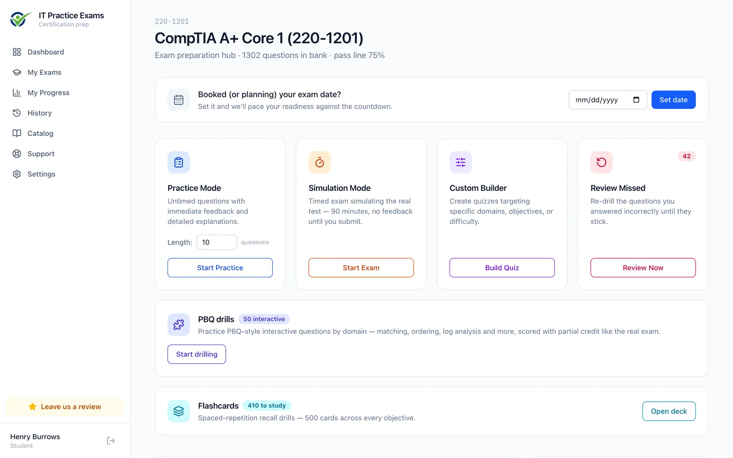 The A+ Core 1 exam hub: practice mode, timed simulation, custom quiz builder, review of missed questions, and readiness by domain