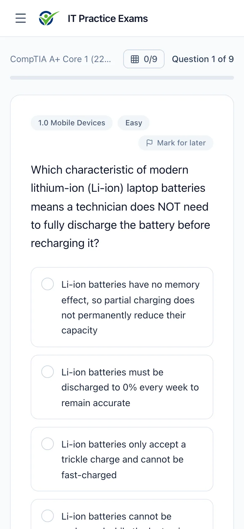 An A+ Core 1 practice question on a phone