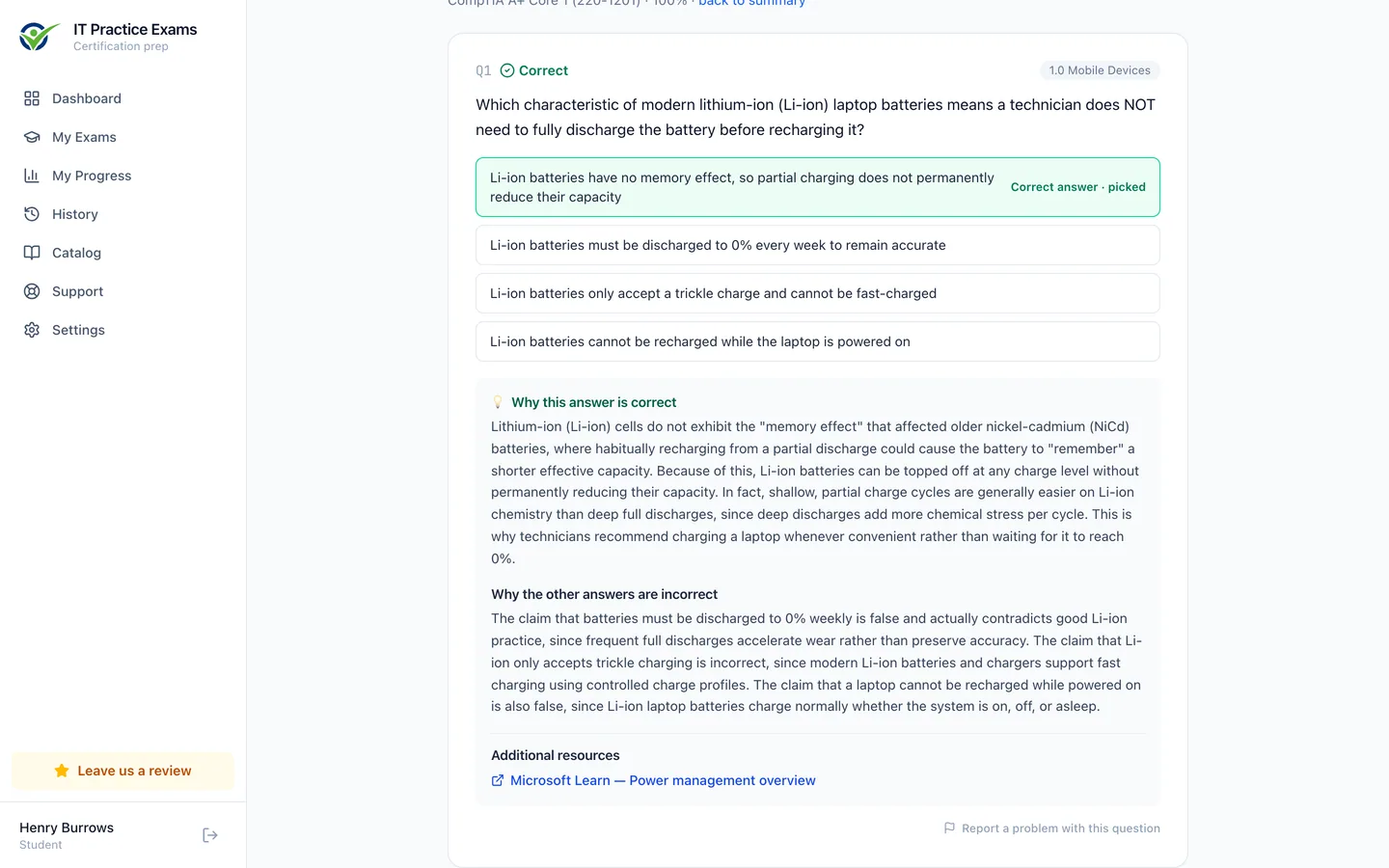 The A+ Core 1 answer review, showing each question graded with its full explanation