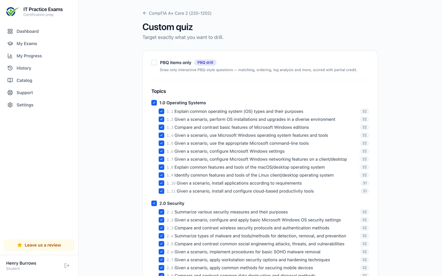 The custom quiz builder for A+ Core 2, filtering by domain, objective and difficulty