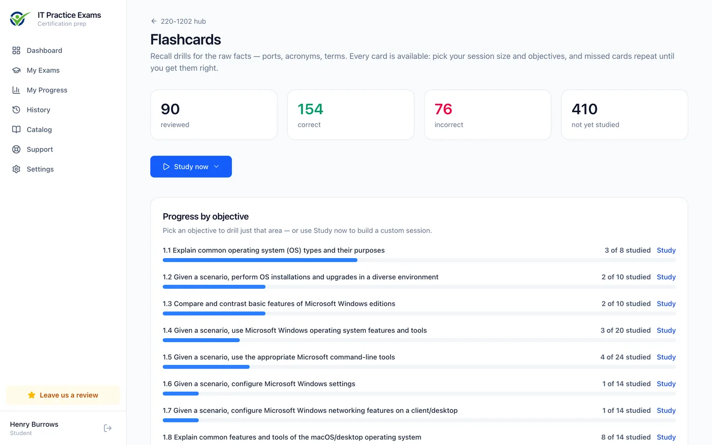The A+ Core 2 flashcard deck, showing cards reviewed and progress by objective