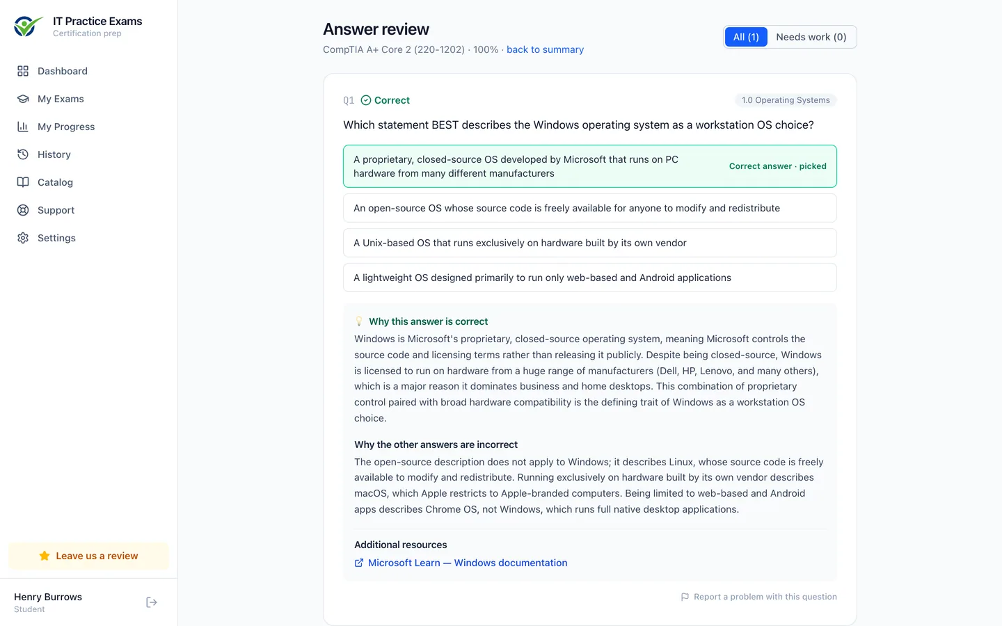 The A+ Core 2 answer review, showing each question graded with its full explanation