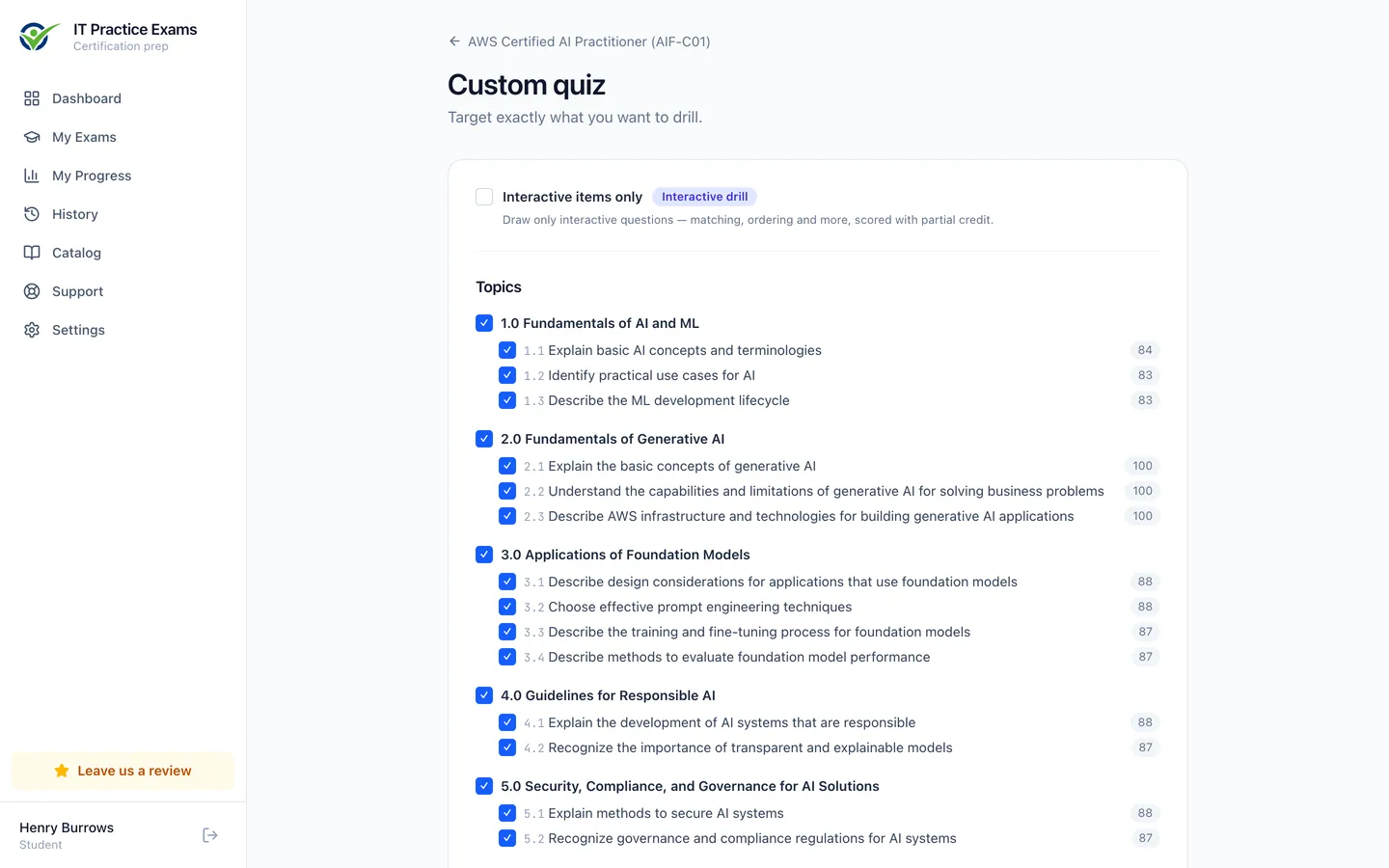 The custom quiz builder for AI Practitioner, filtering by domain, objective and difficulty