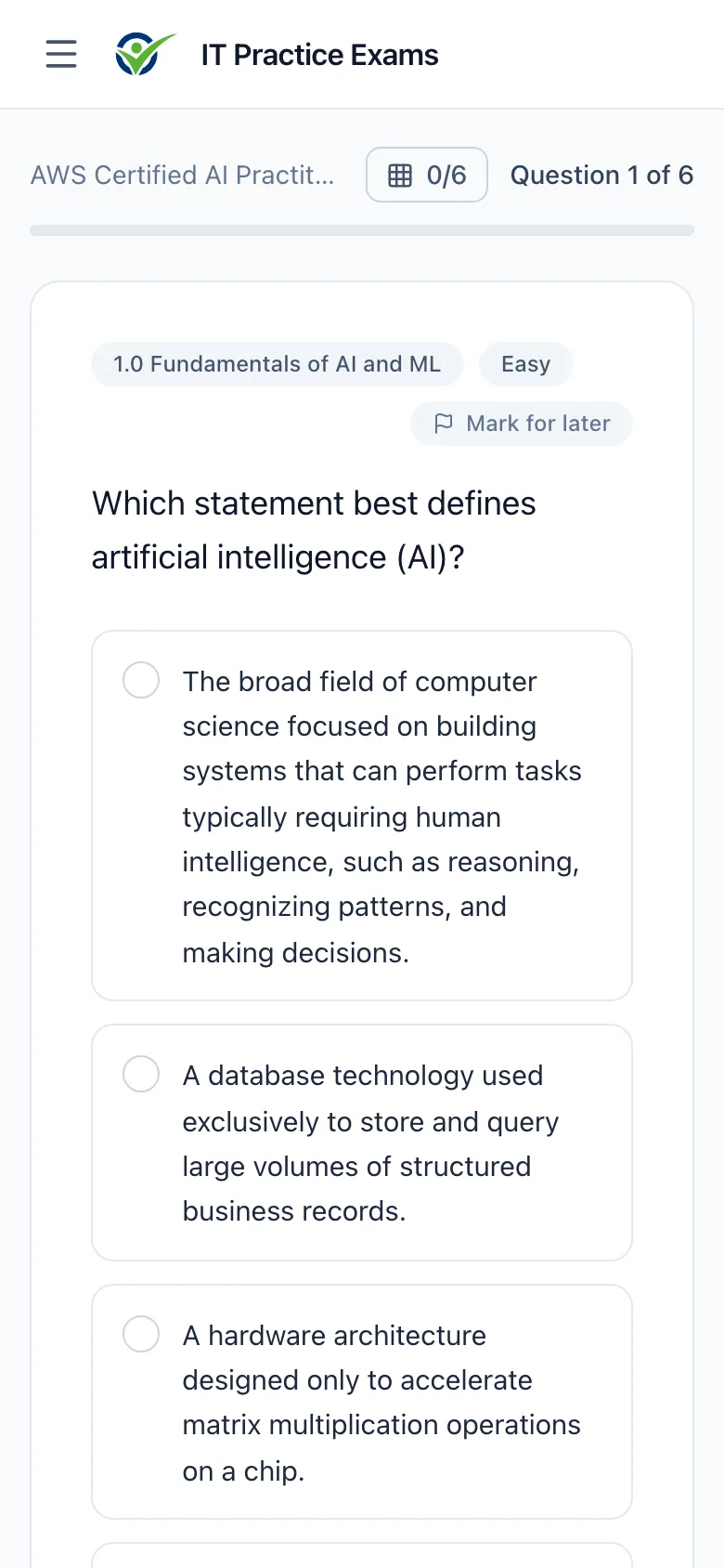 An AI Practitioner practice question on a phone