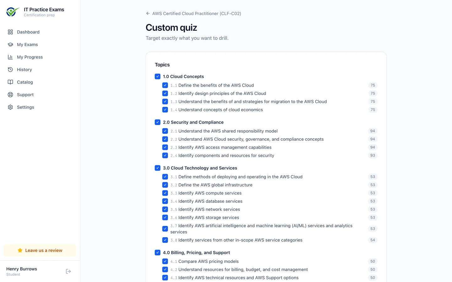 The custom quiz builder for Cloud Practitioner, filtering by domain, objective and difficulty