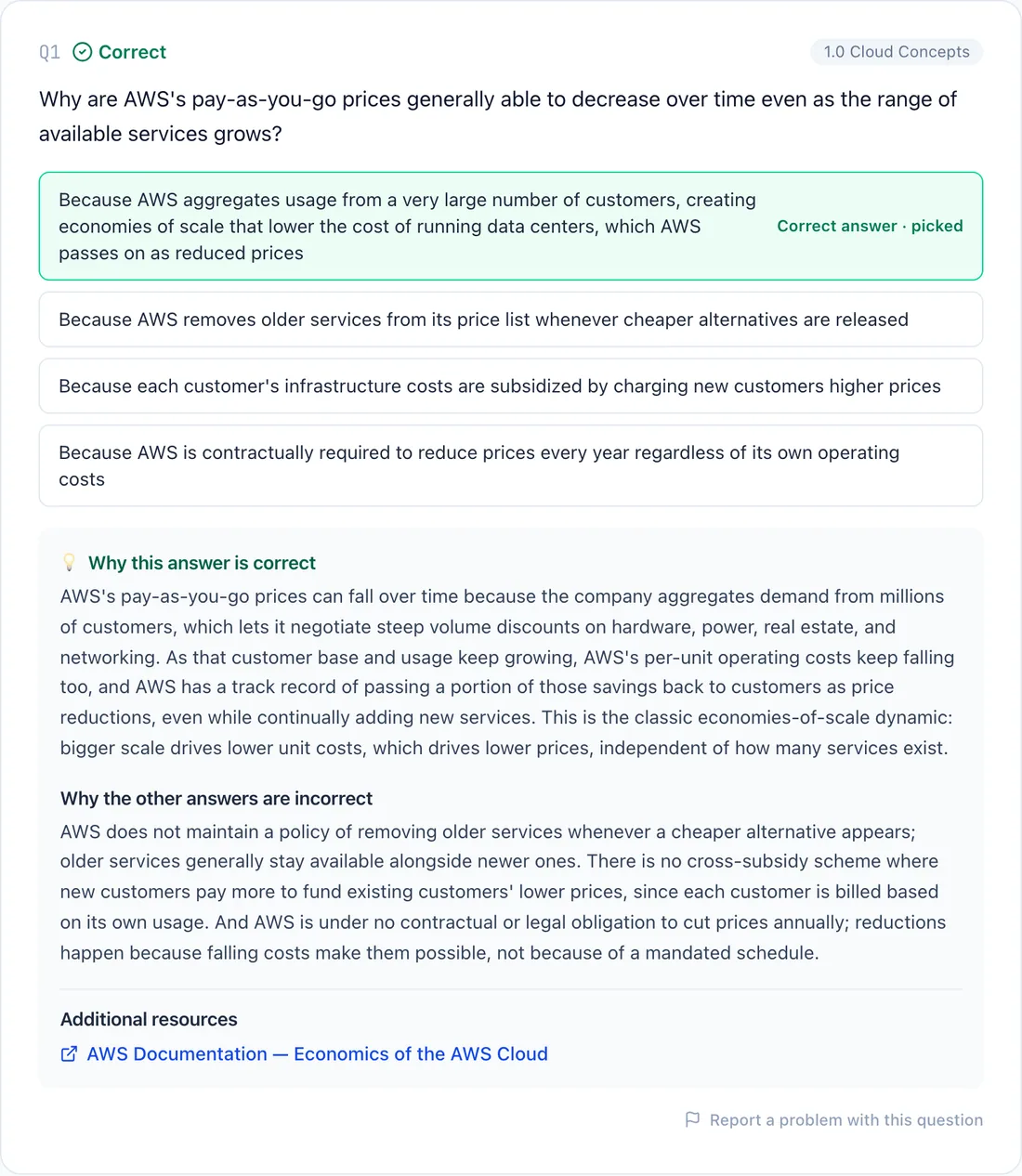 A graded Cloud Practitioner question with the correct answer marked and the explanation shown