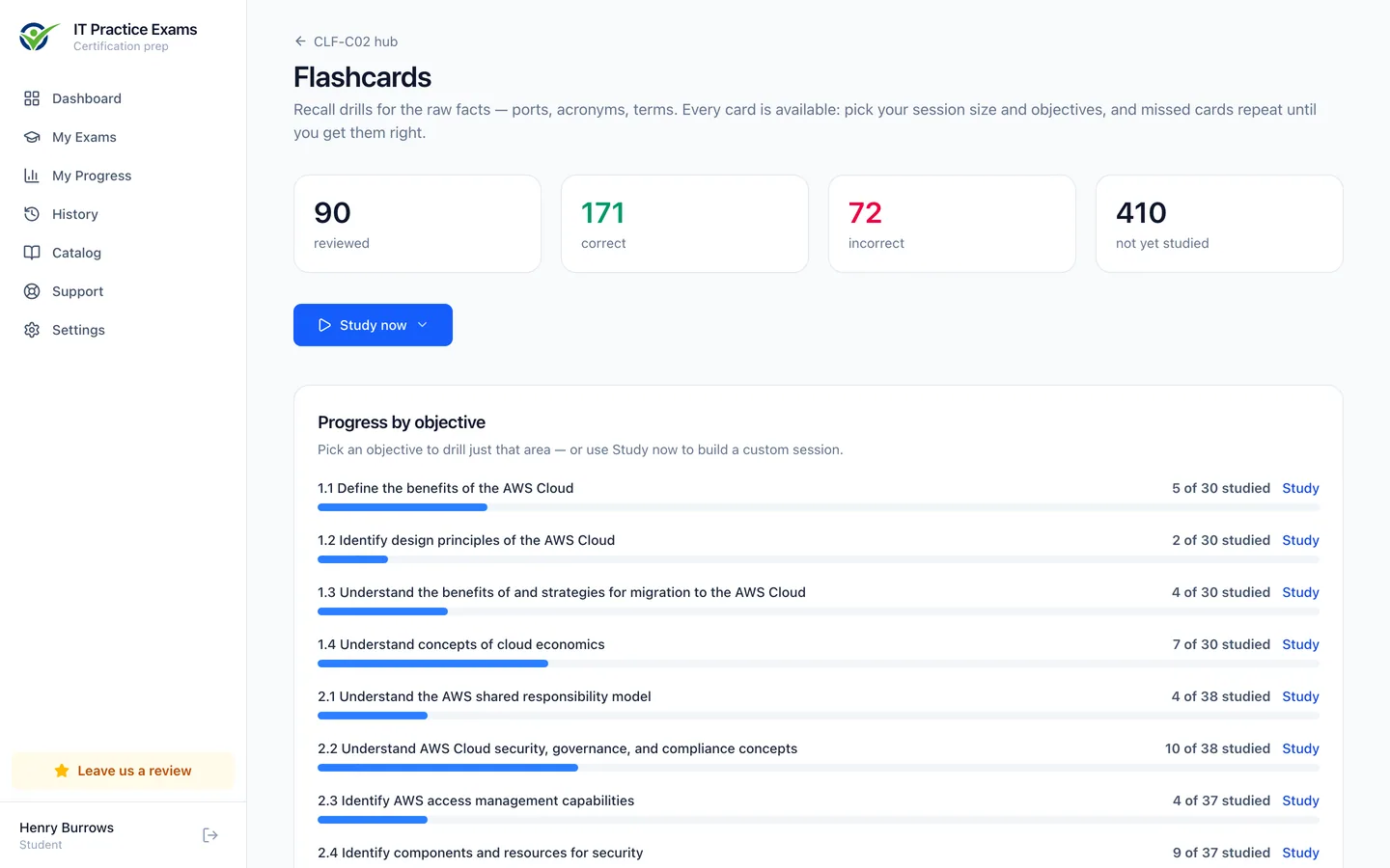 The Cloud Practitioner flashcard deck, showing cards reviewed and progress by objective