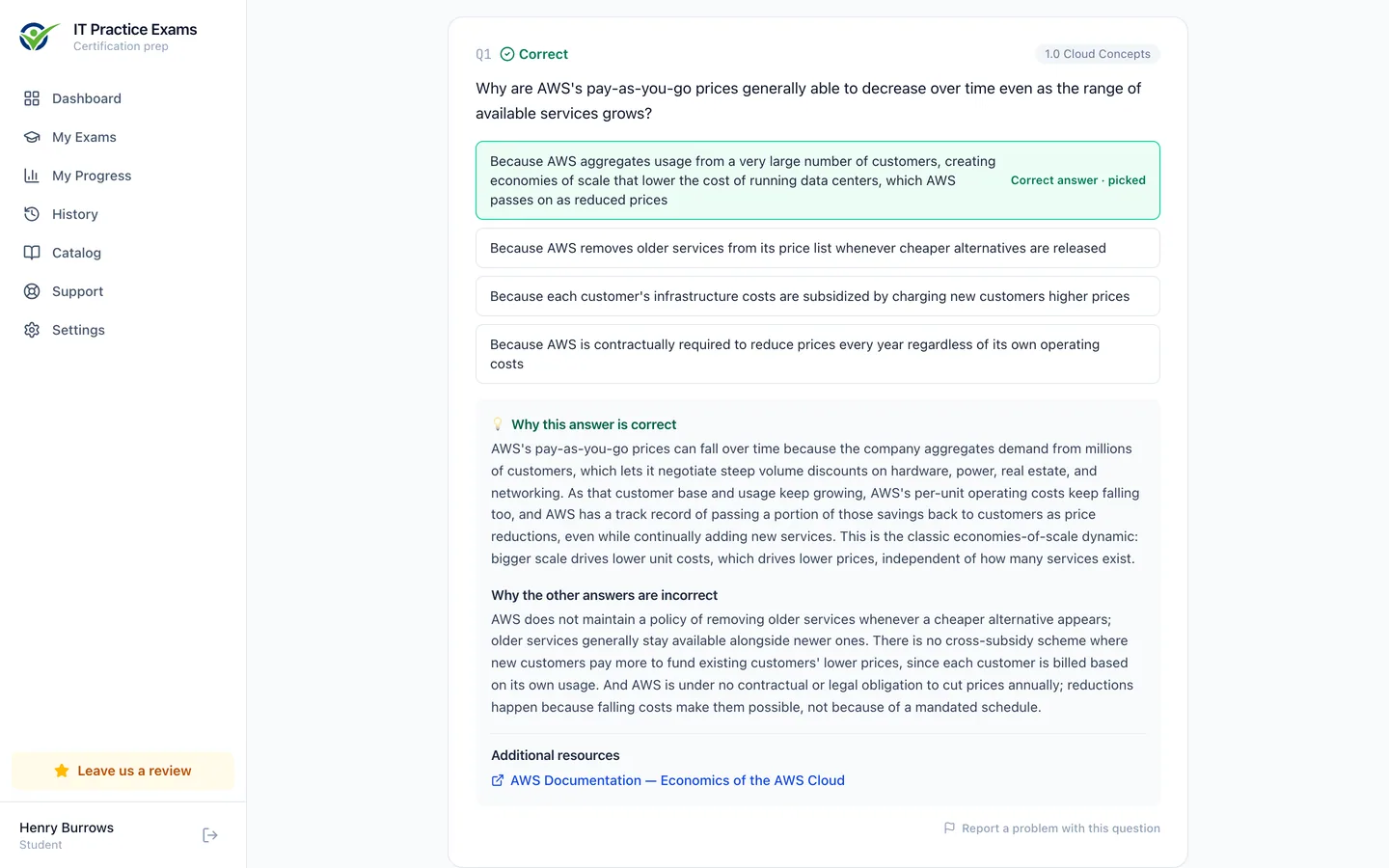 The Cloud Practitioner answer review, showing each question graded with its full explanation