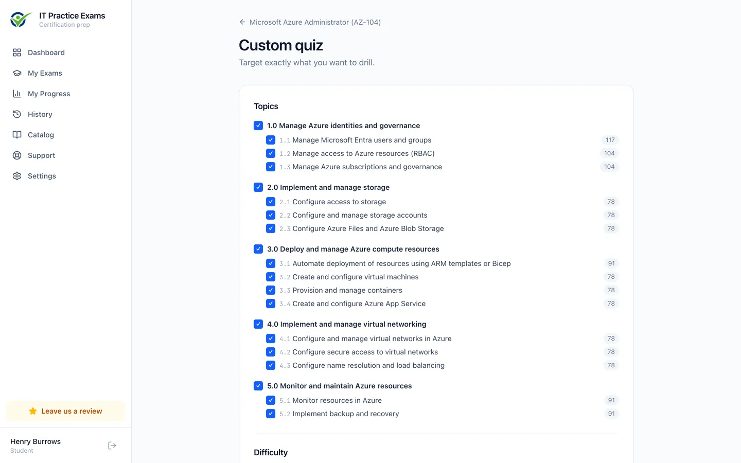 The custom quiz builder for Azure Administrator, filtering by domain, objective and difficulty