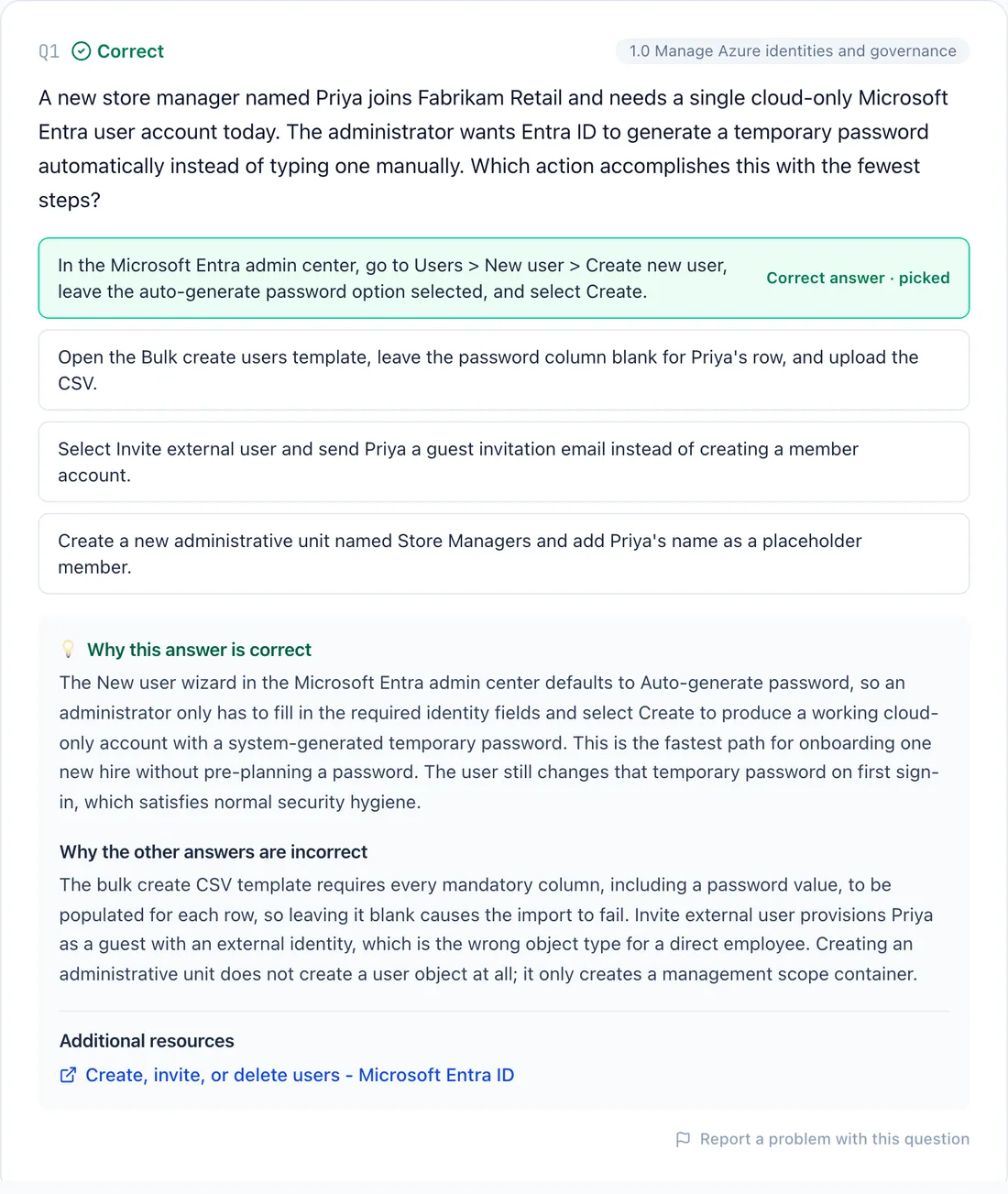 A graded Azure Administrator question with the correct answer marked and the explanation shown