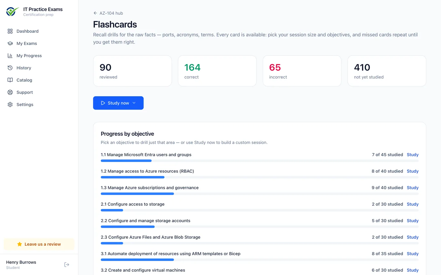 The Azure Administrator flashcard deck, showing cards reviewed and progress by objective