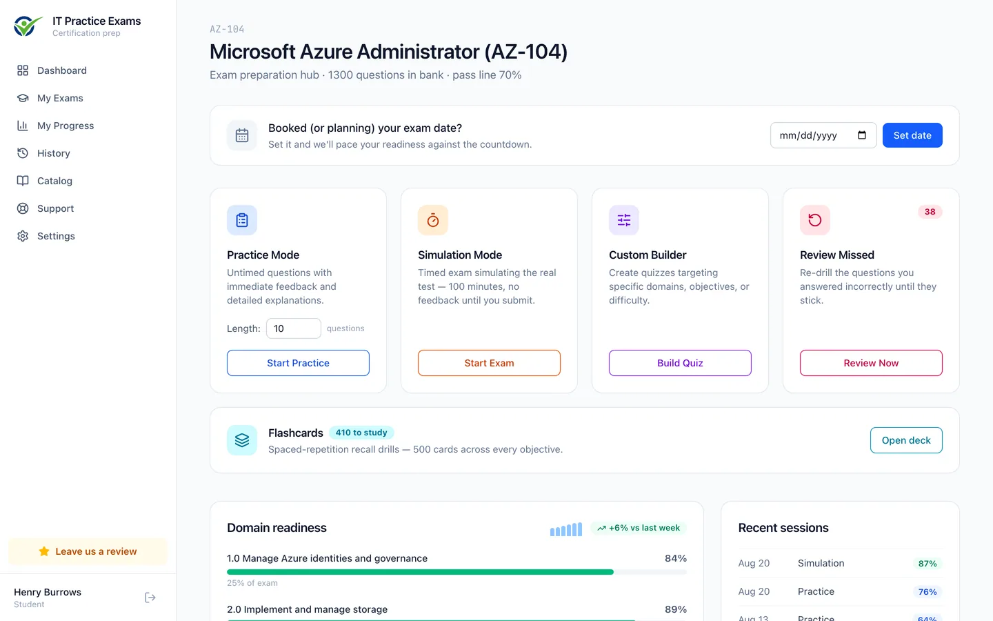 The Azure Administrator exam hub: practice mode, timed simulation, custom quiz builder, review of missed questions, and readiness by domain