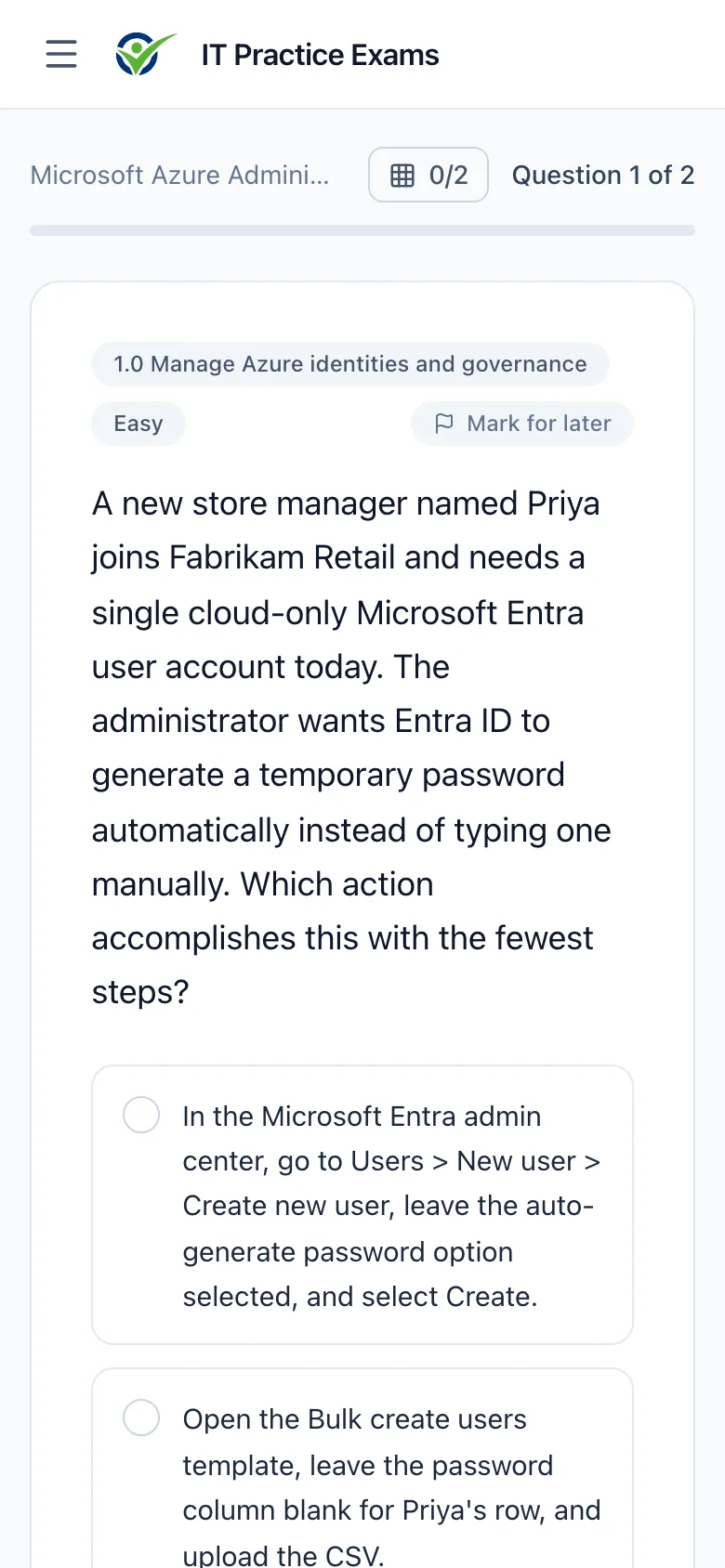 An Azure Administrator practice question on a phone