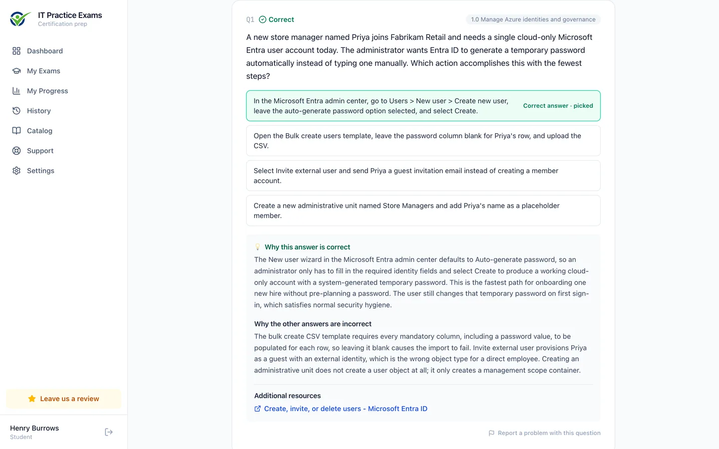 The Azure Administrator answer review, showing each question graded with its full explanation