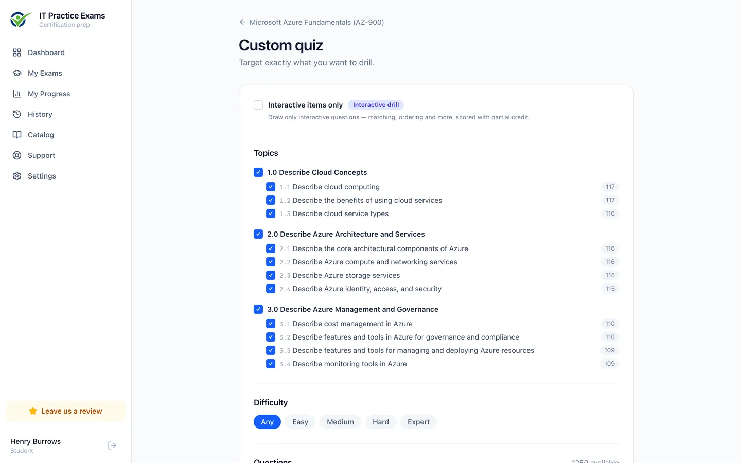 The custom quiz builder for Azure Fundamentals, filtering by domain, objective and difficulty