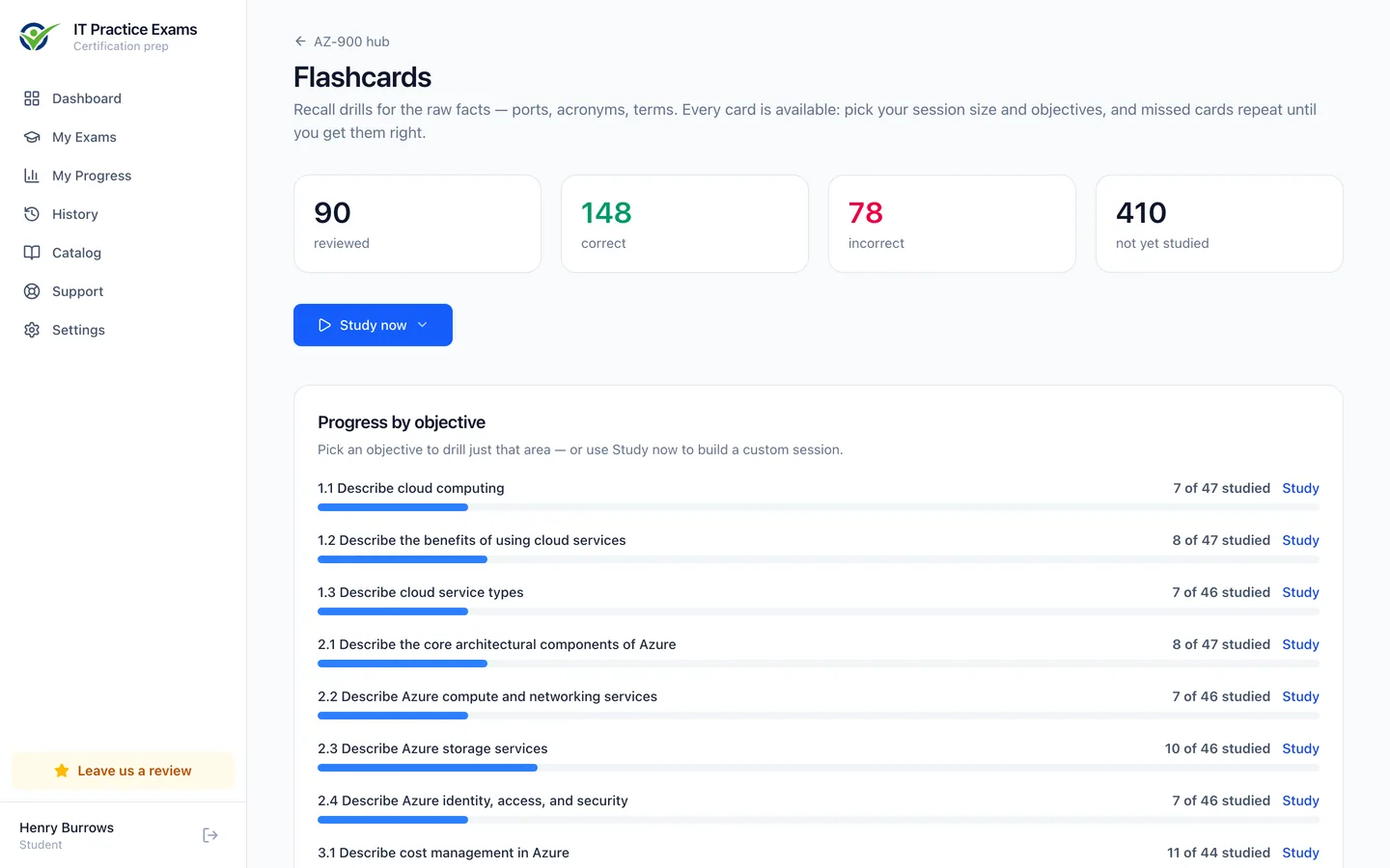 The Azure Fundamentals flashcard deck, showing cards reviewed and progress by objective