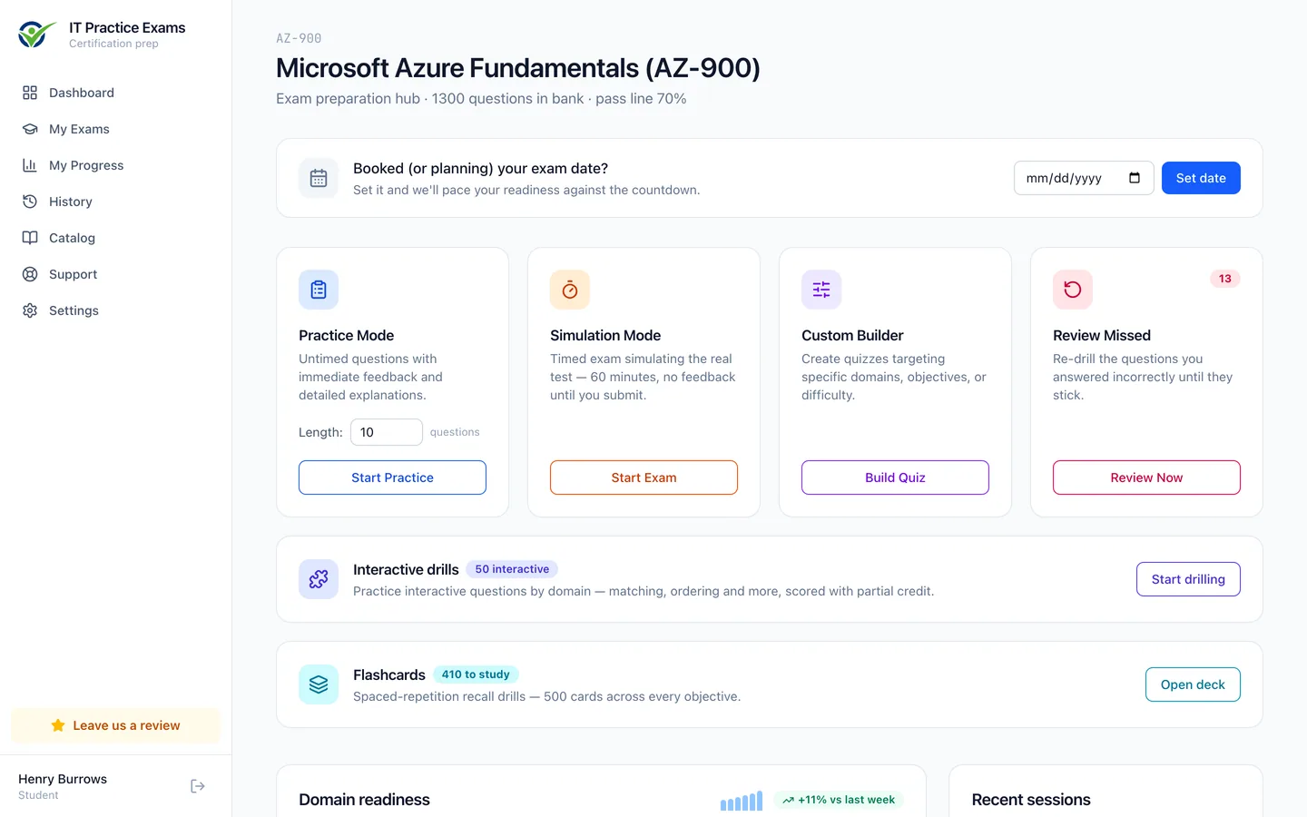 The Azure Fundamentals exam hub: practice mode, timed simulation, custom quiz builder, review of missed questions, and readiness by domain