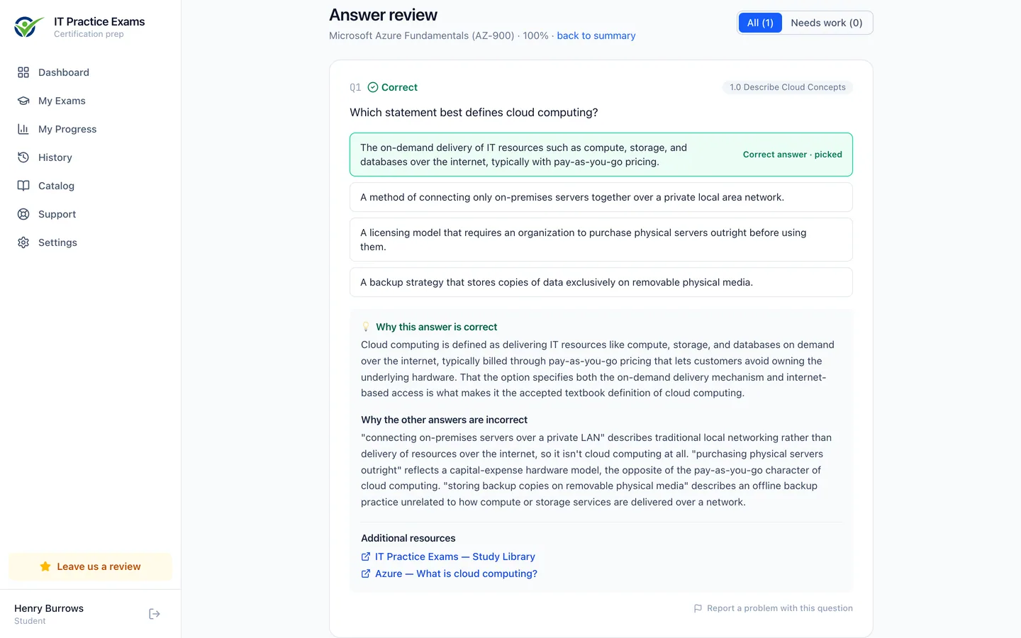 The Azure Fundamentals answer review, showing each question graded with its full explanation