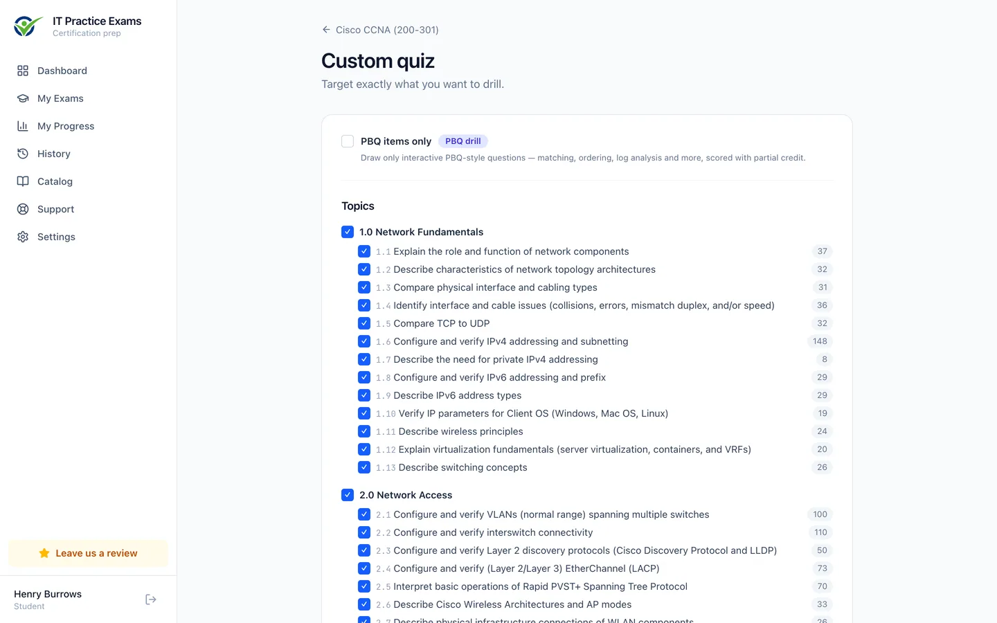 The custom quiz builder for CCNA, filtering by domain, objective and difficulty
