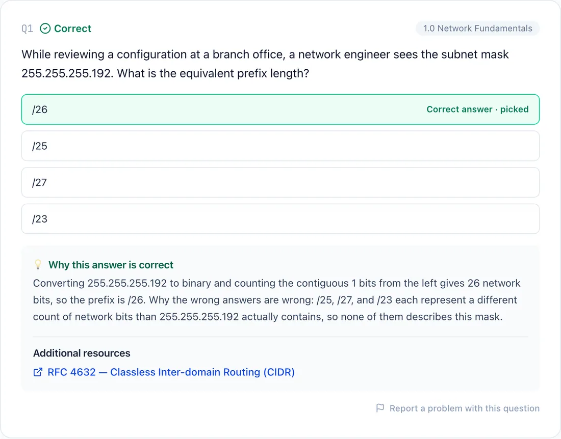 A graded CCNA question with the correct answer marked and the explanation shown
