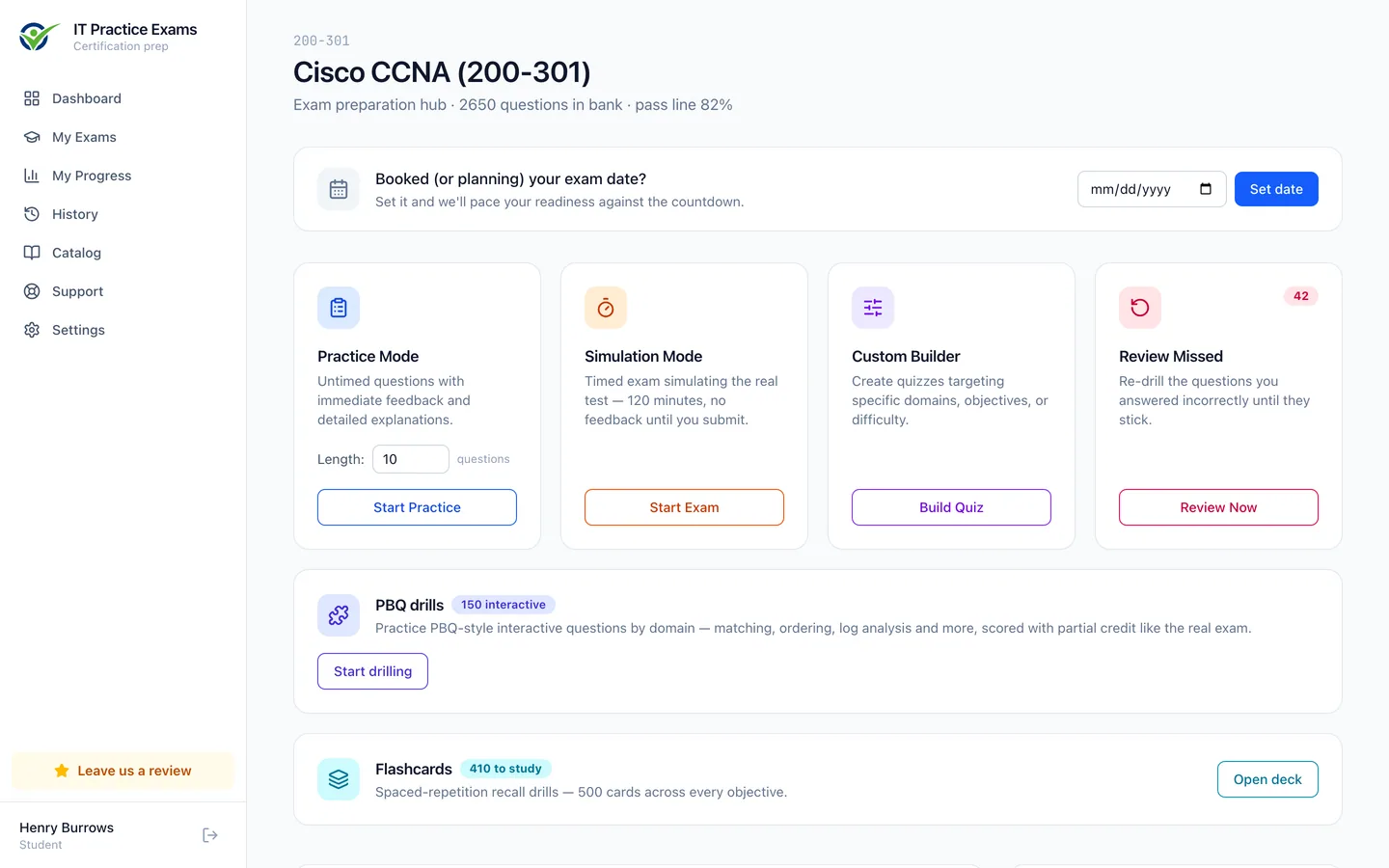 The CCNA exam hub: practice mode, timed simulation, custom quiz builder, review of missed questions, and readiness by domain