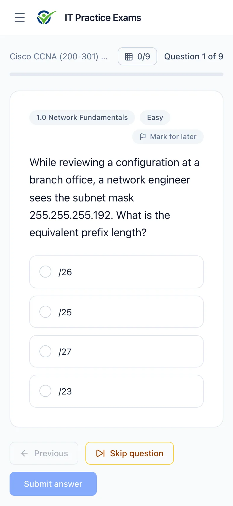 An CCNA practice question on a phone