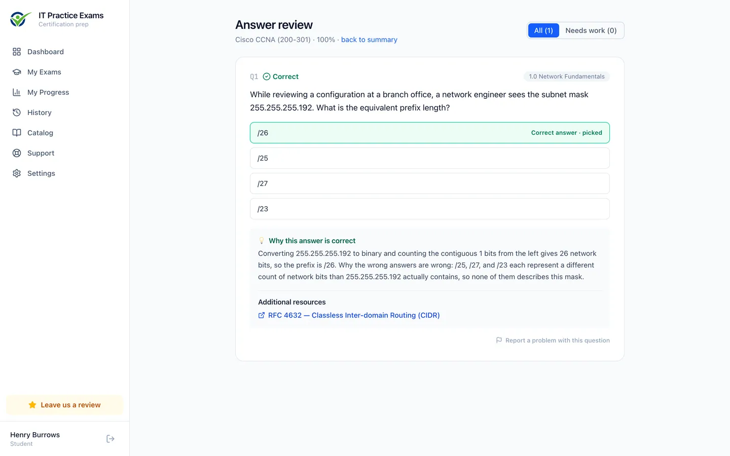 The CCNA answer review, showing each question graded with its full explanation