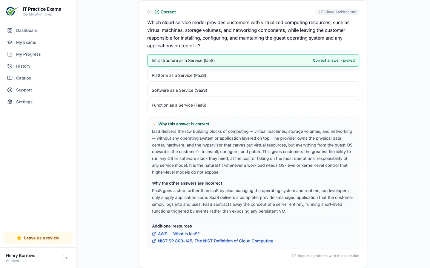 The Cloud+ answer review, showing each question graded with its full explanation
