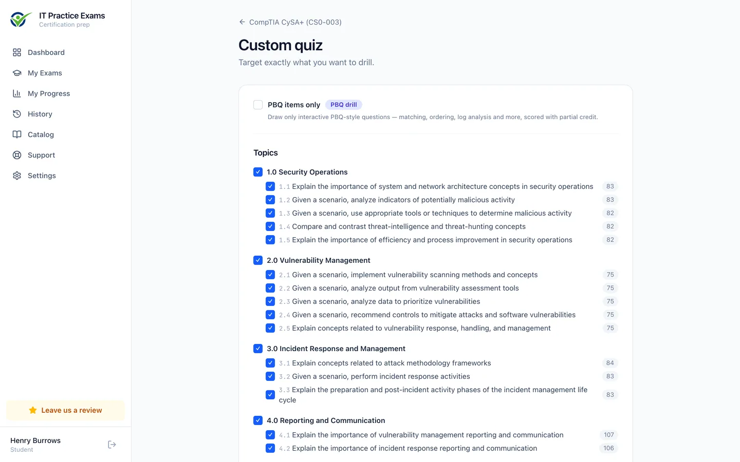 The custom quiz builder for CySA+, filtering by domain, objective and difficulty