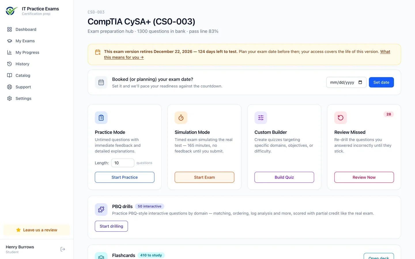 The CySA+ exam hub: practice mode, timed simulation, custom quiz builder, review of missed questions, and readiness by domain