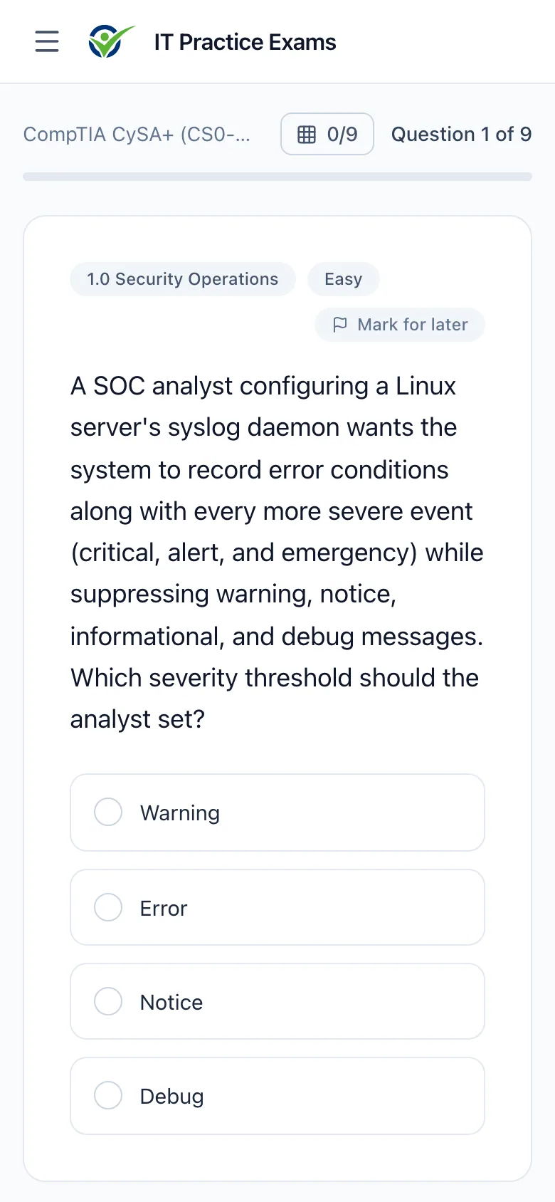 An CySA+ practice question on a phone