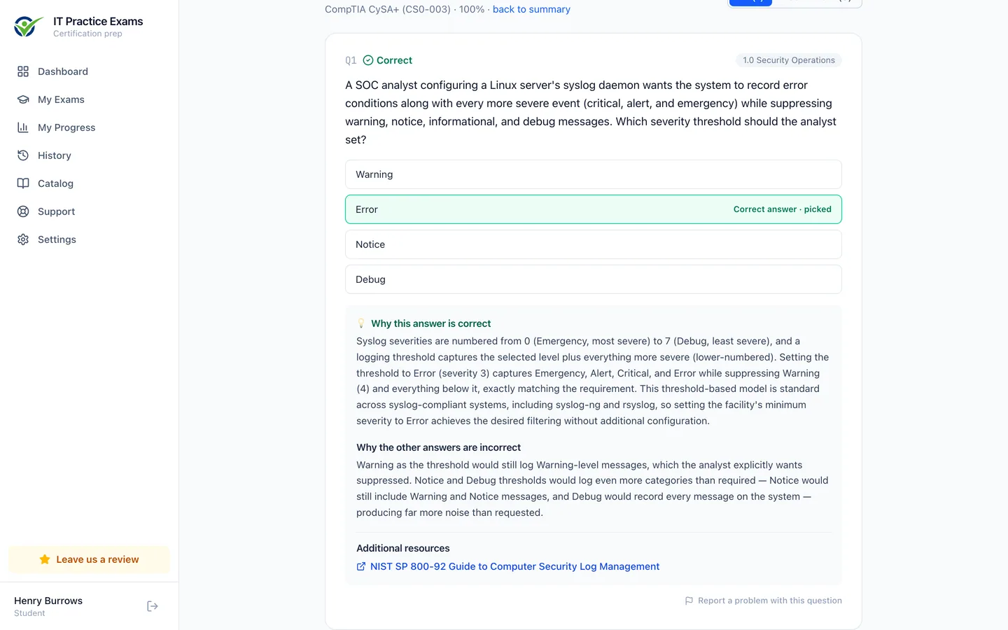 The CySA+ answer review, showing each question graded with its full explanation