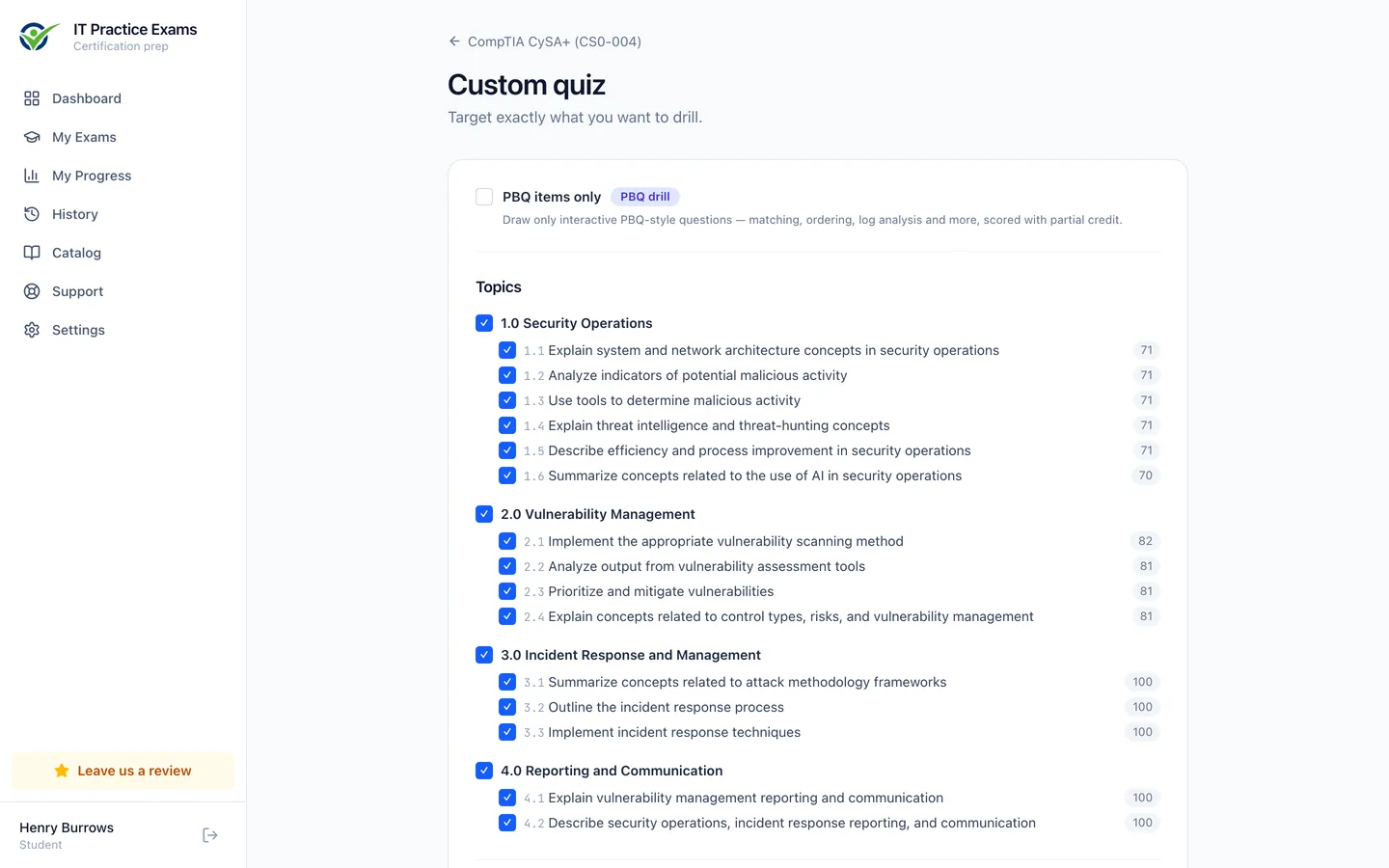 The custom quiz builder for CySA+, filtering by domain, objective and difficulty