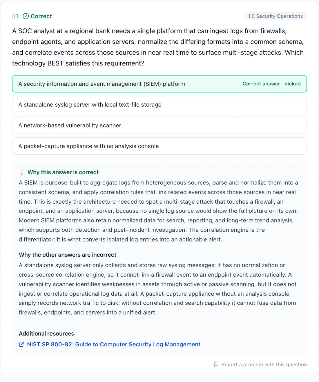 A graded CySA+ question with the correct answer marked and the explanation shown