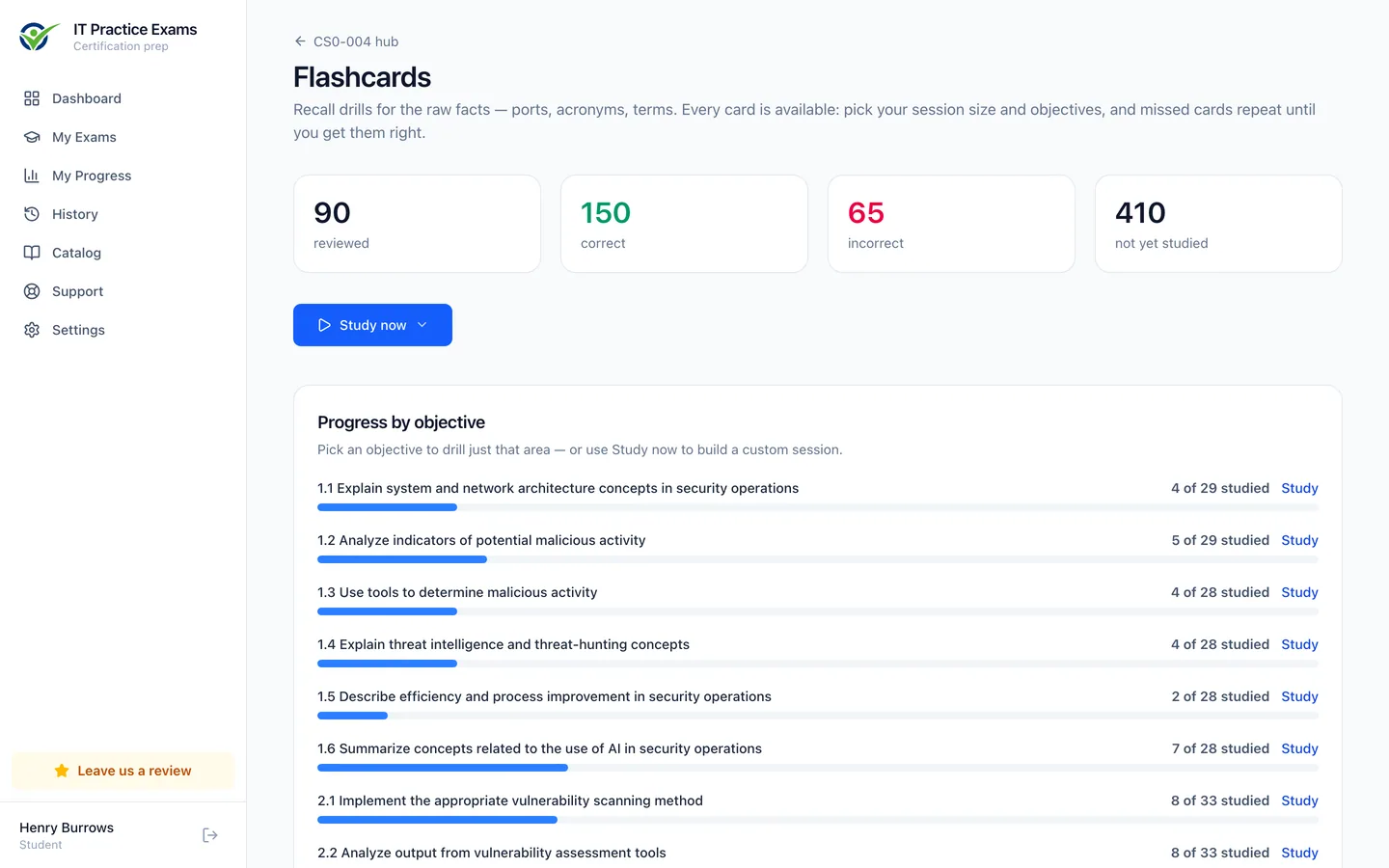 The CySA+ flashcard deck, showing cards reviewed and progress by objective