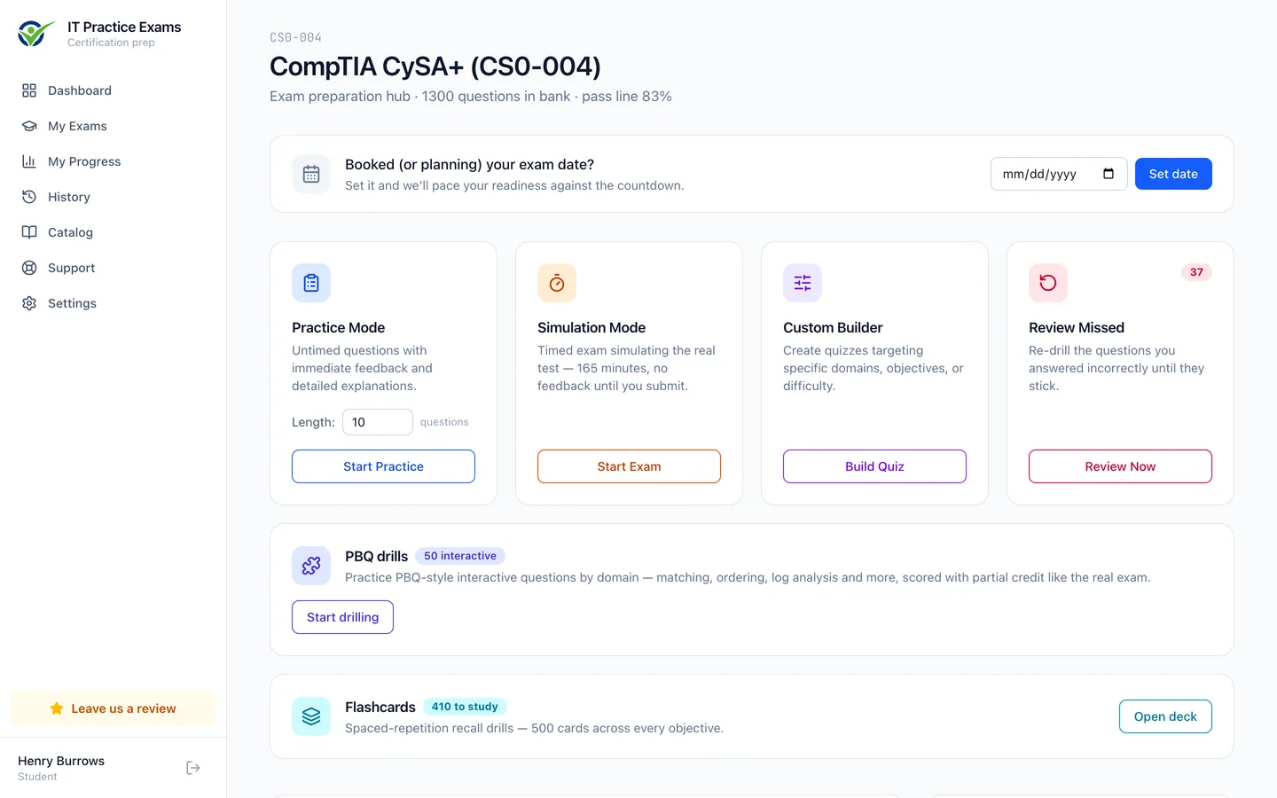 The CySA+ exam hub: practice mode, timed simulation, custom quiz builder, review of missed questions, and readiness by domain