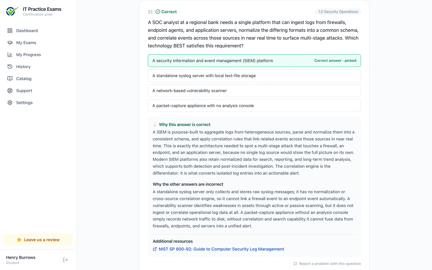 The CySA+ answer review, showing each question graded with its full explanation