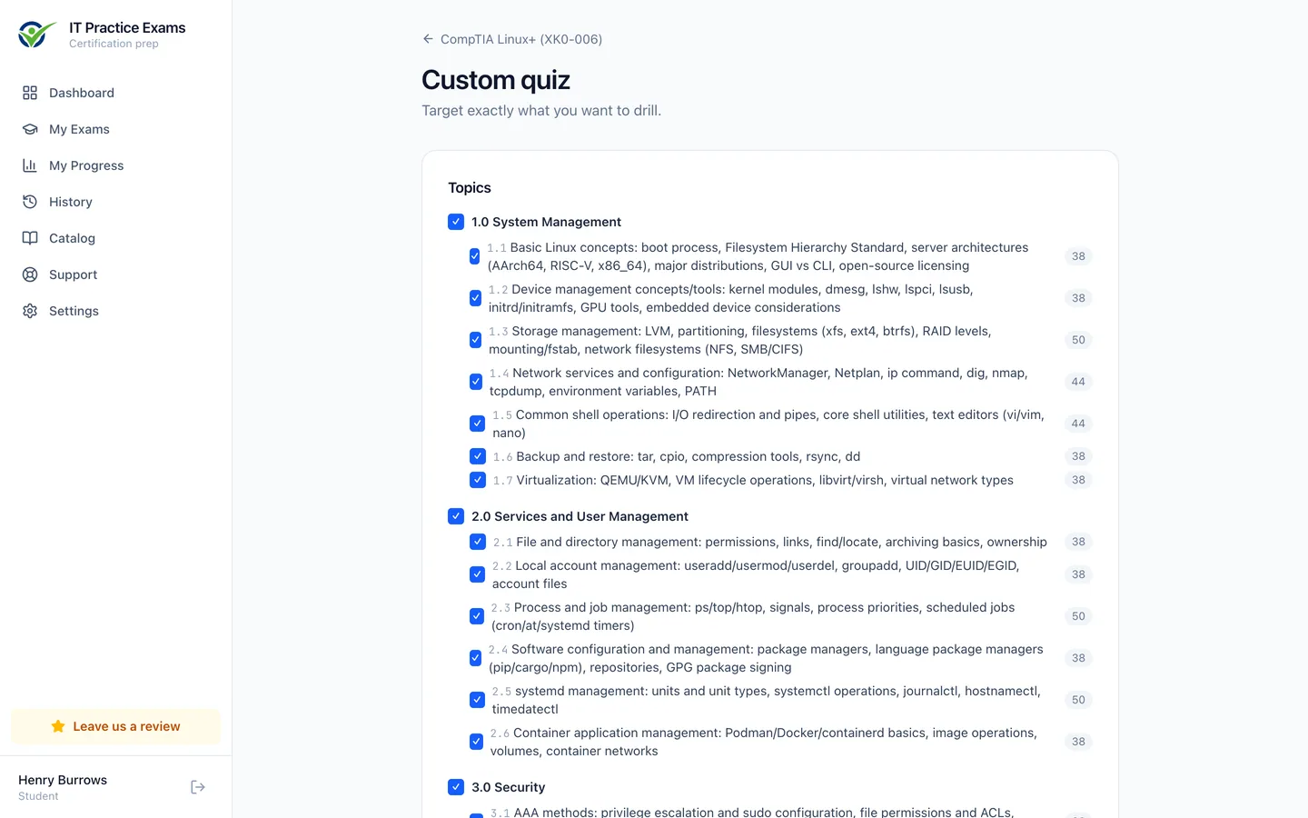 The custom quiz builder for Linux+, filtering by domain, objective and difficulty