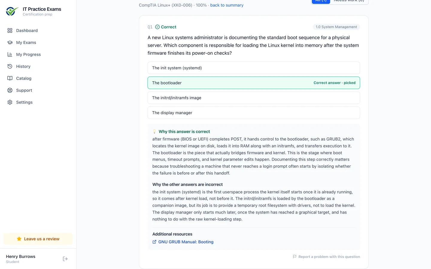 The Linux+ answer review, showing each question graded with its full explanation