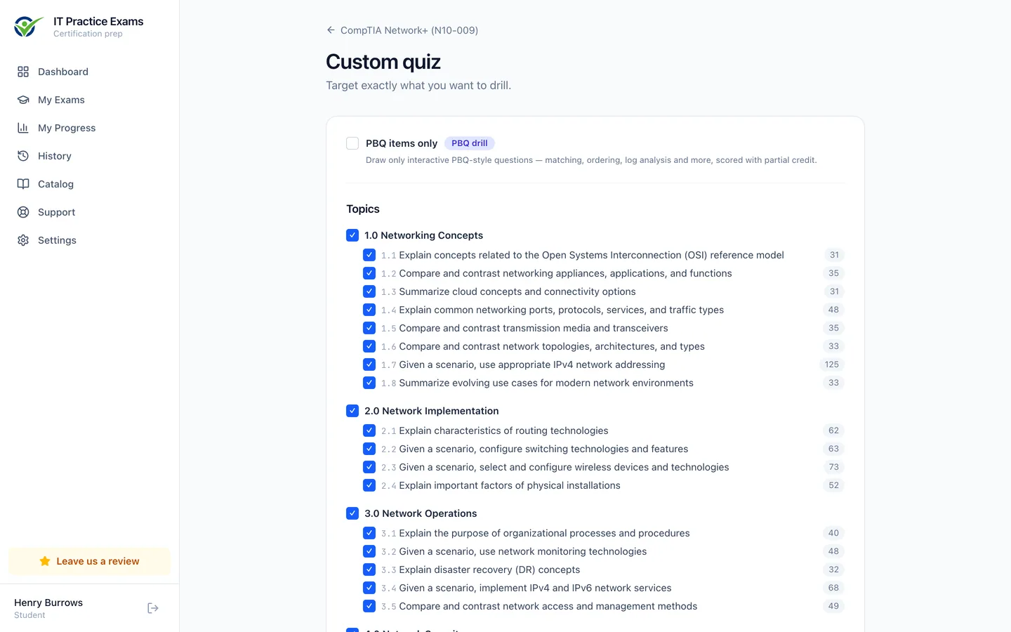 The custom quiz builder for Network+, filtering by domain, objective and difficulty