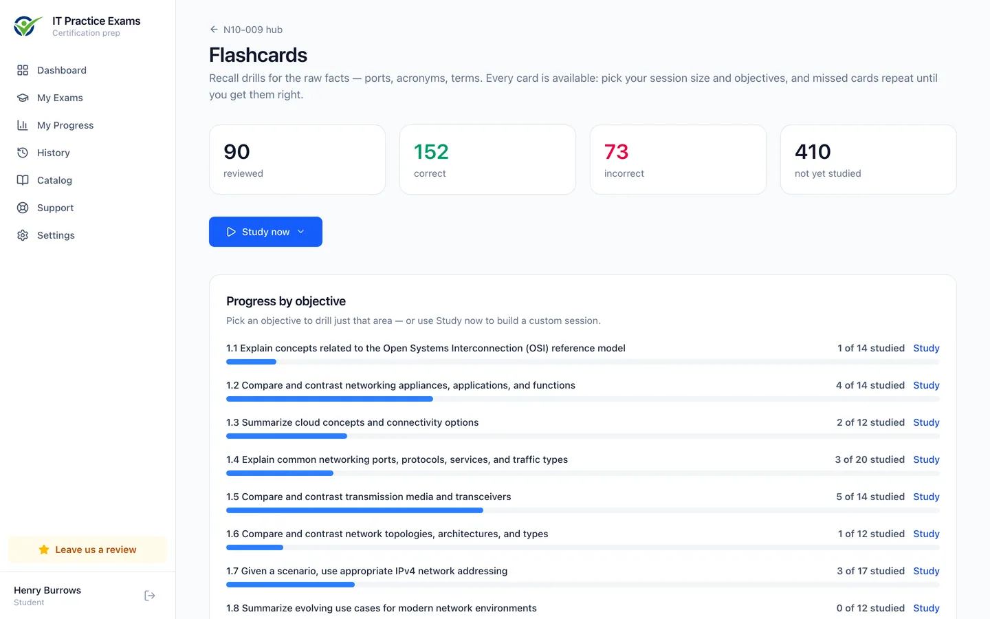 The Network+ flashcard deck, showing cards reviewed and progress by objective