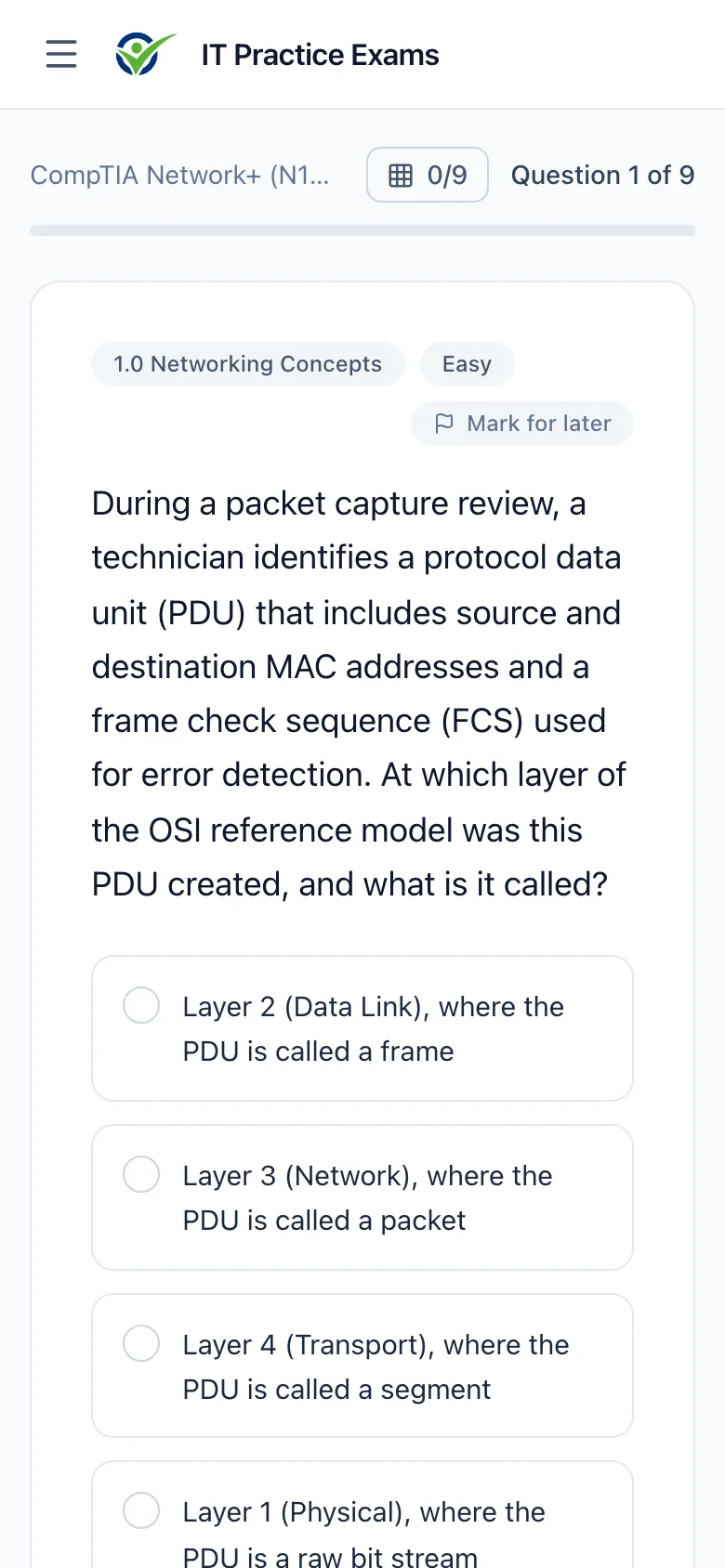 An Network+ practice question on a phone