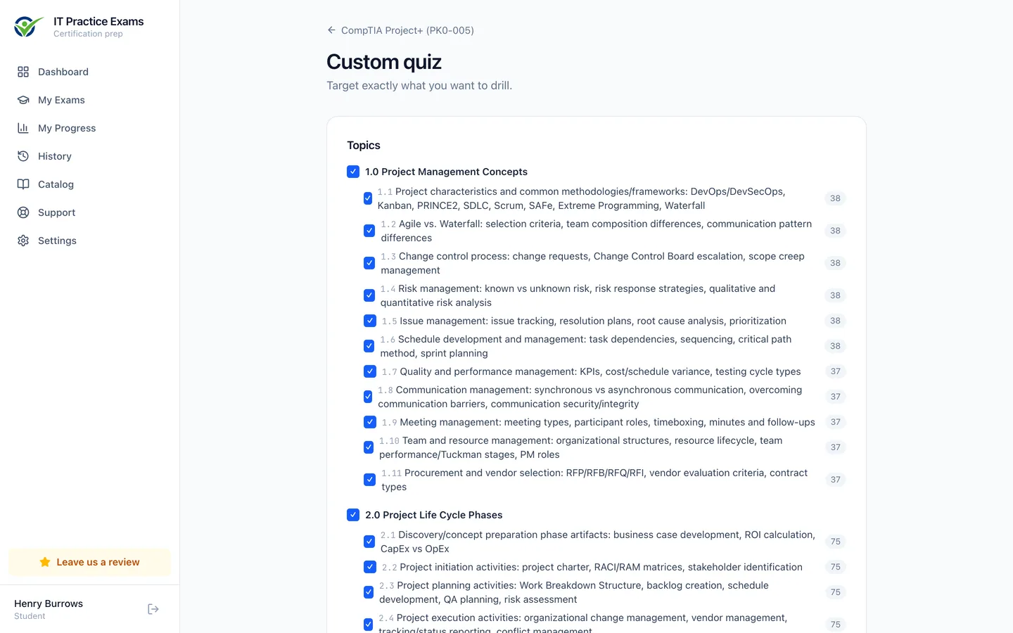 The custom quiz builder for Project+, filtering by domain, objective and difficulty
