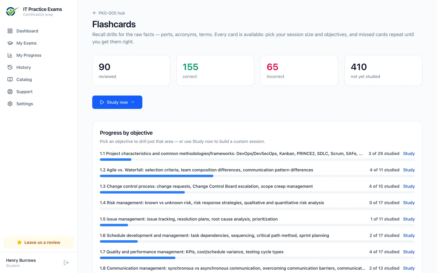 The Project+ flashcard deck, showing cards reviewed and progress by objective