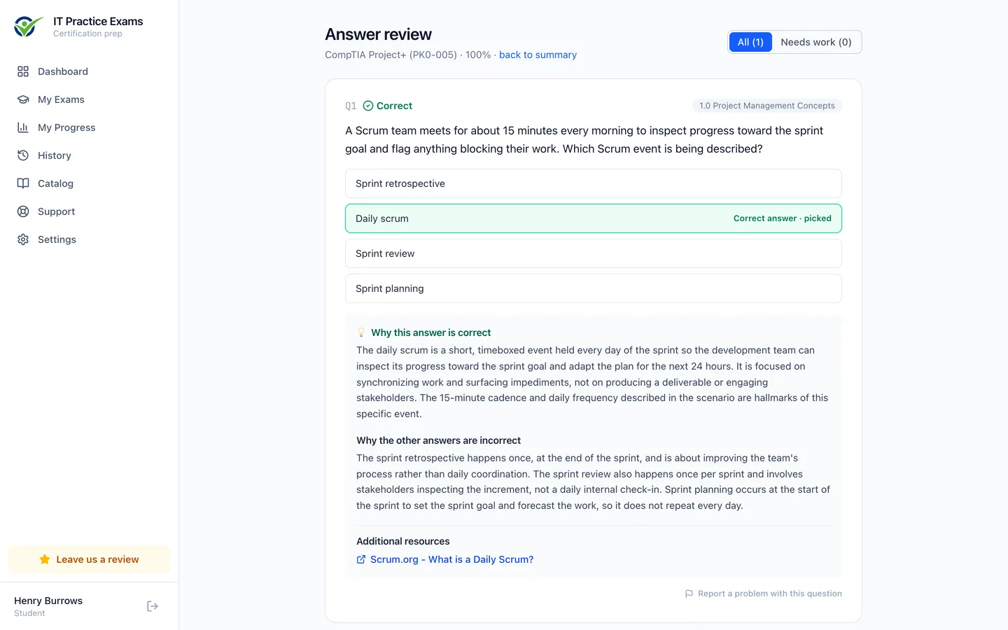 The Project+ answer review, showing each question graded with its full explanation