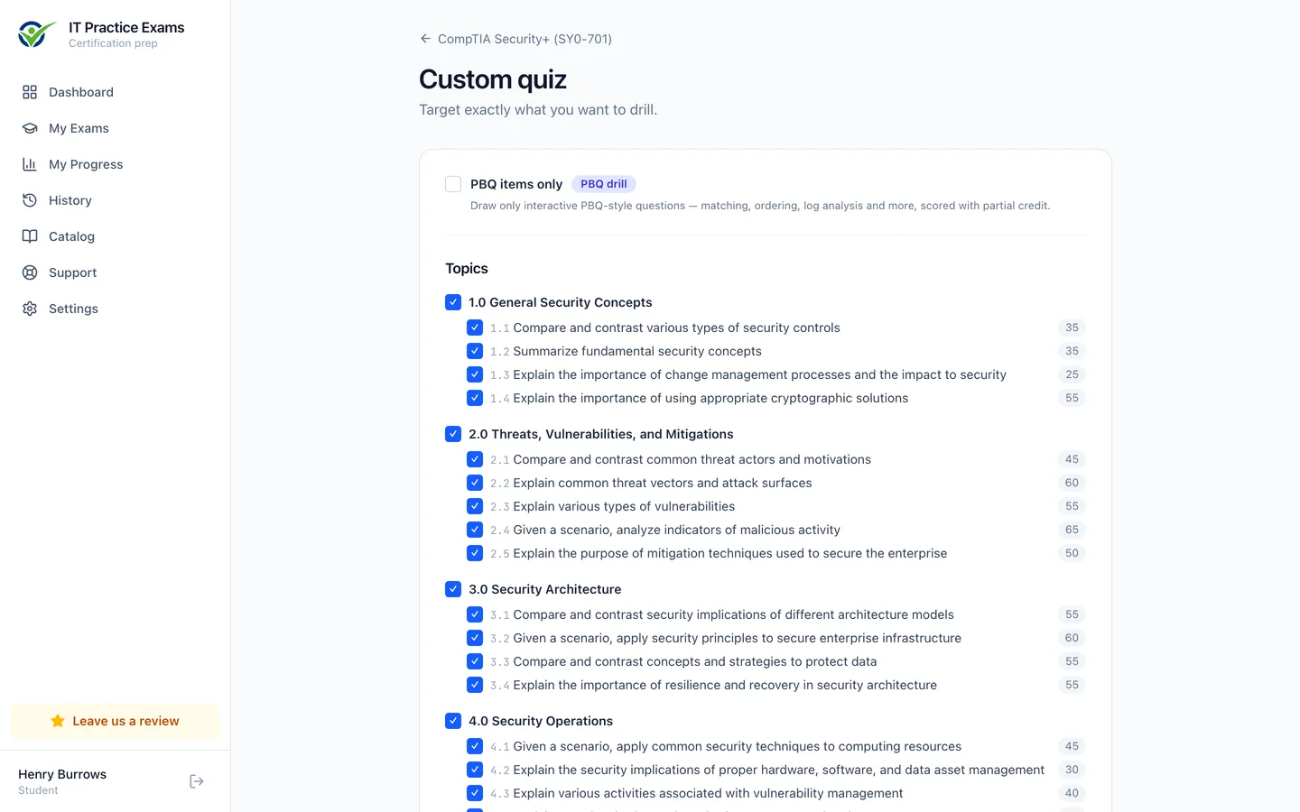 The custom quiz builder for Security+, filtering by domain, objective and difficulty