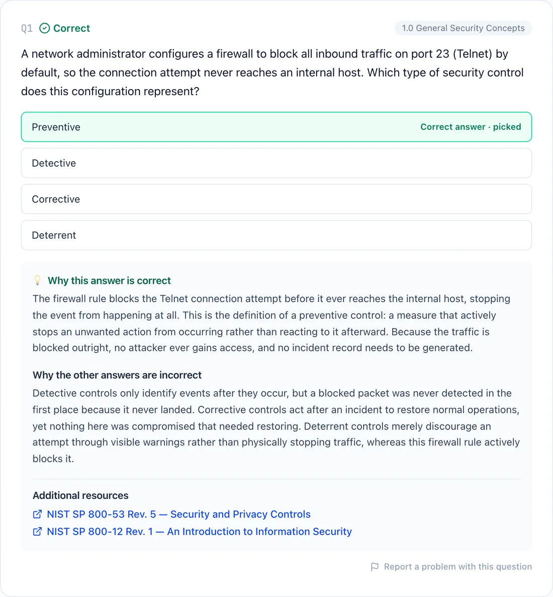 A graded Security+ question with the correct answer marked and the explanation shown