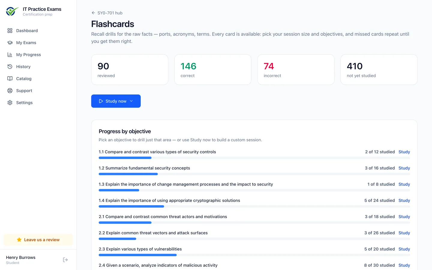 The Security+ flashcard deck, showing cards reviewed and progress by objective